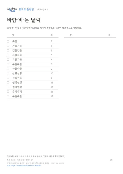 바람·비·눈·날씨 수록 단어 13개와 쪽수가 적힌 목차
