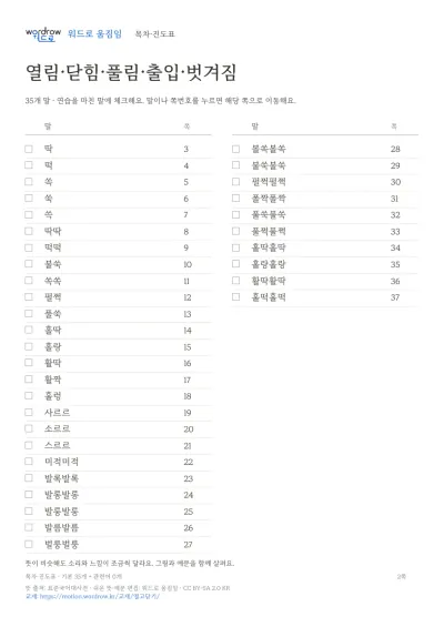 열림·닫힘·풀림·출입·벗겨짐 수록 단어 35개와 쪽수가 적힌 목차
